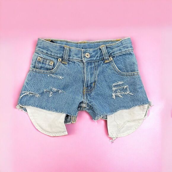Girls Size 7 Blue Jean Cut Off Denim Shorts Distressed Ripped Pocket - Picture 1 of 10